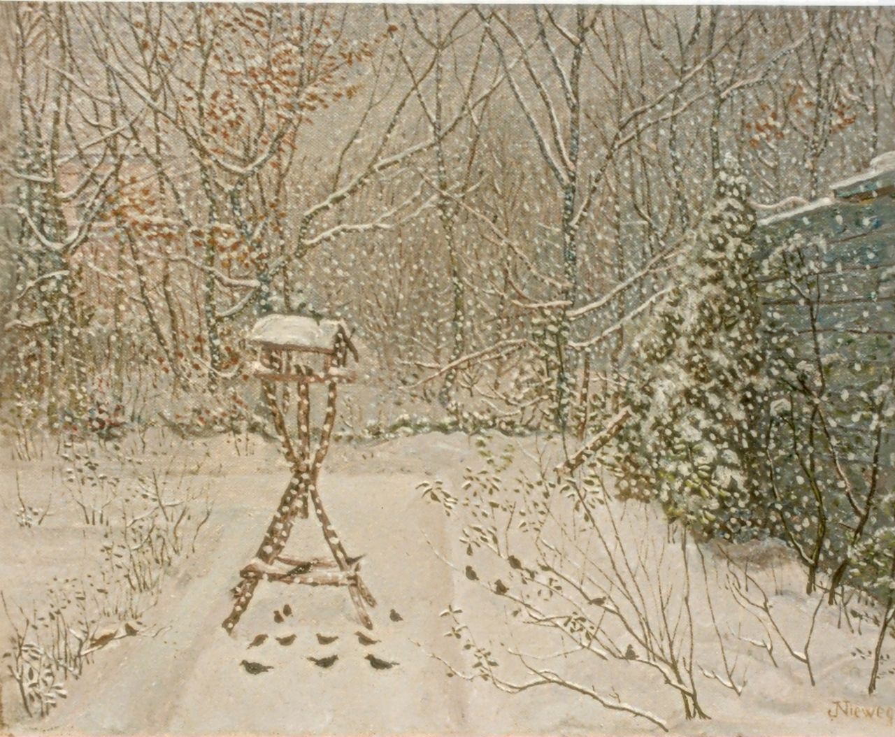 Nieweg J.  | Jakob Nieweg, Het sneeuwt, olieverf op doek 40,2 x 50,5 cm, gesigneerd rechtsonder en gedateerd '30