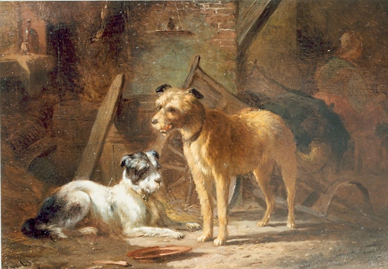 Os P.F. van | Pieter Frederik van Os, Twee honden bij een kar, olieverf op paneel 18,9 x 27,0 cm, gesigneerd linksonder