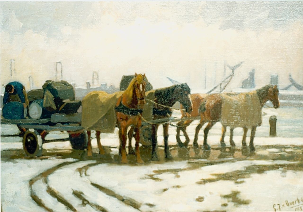 Overbeek G.J. van | Gijsbertus Johannes van Overbeek, Paard en wagens op de kade, olieverf op doek 35,0 x 50,0 cm, gesigneerd rechtsonder en gedateerd 1919
