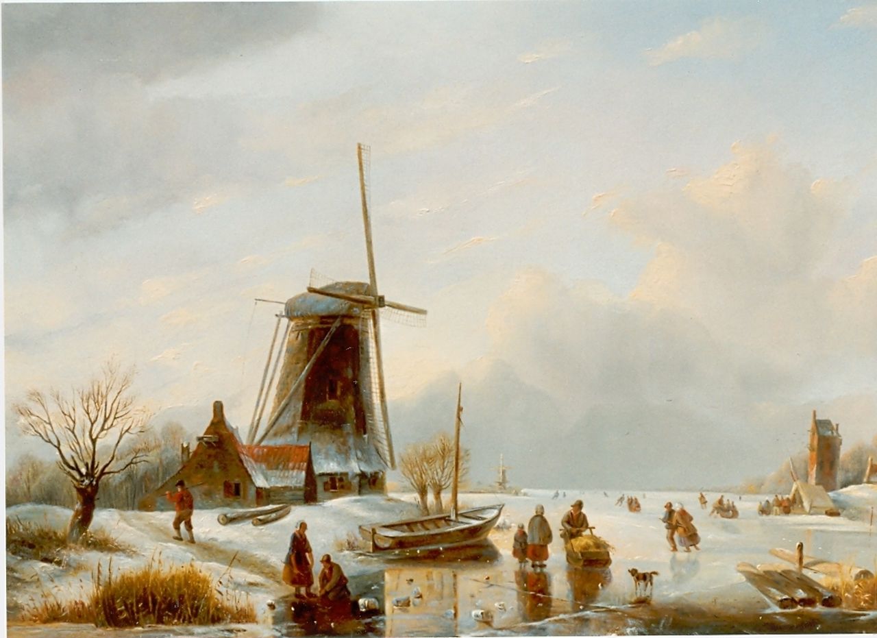 Parré M.  | Matthias Parré, Winterlandschap met schaatsters bij molen, olieverf op paneel 47,3 x 63,2 cm