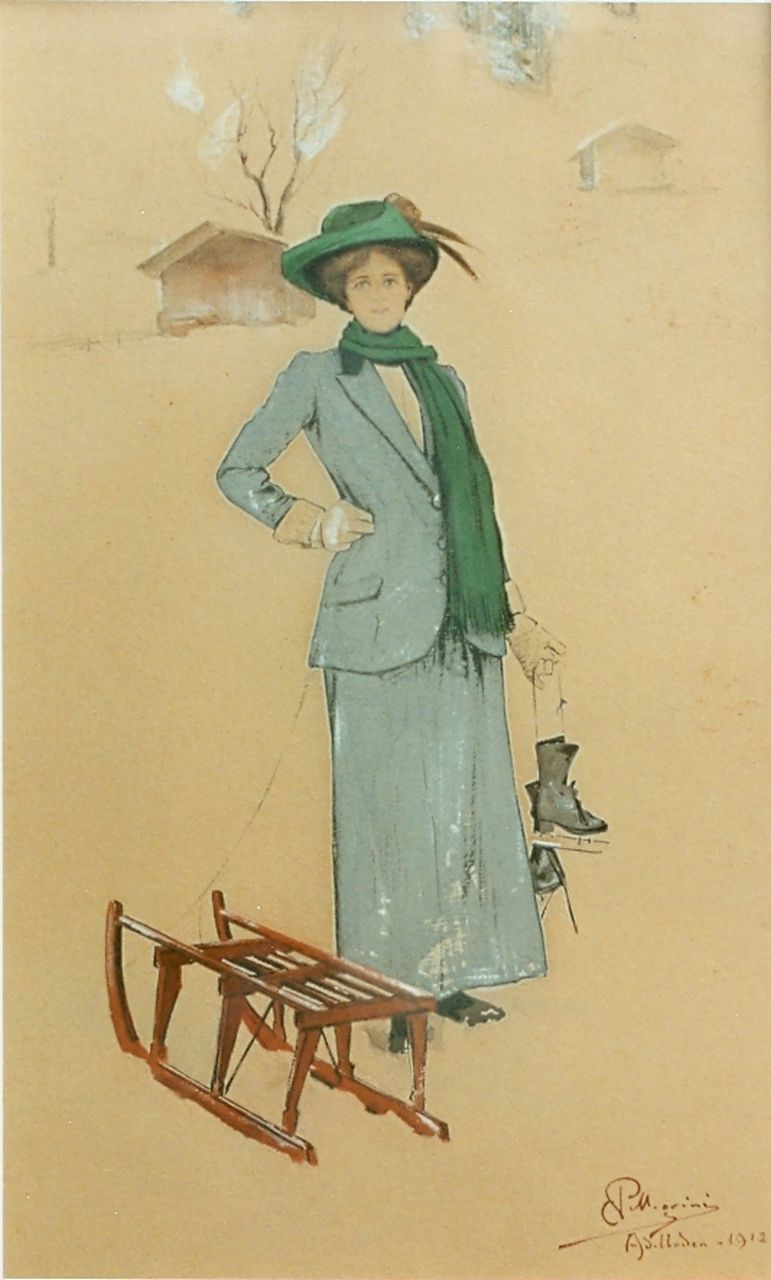 Pellegrini C.  | Carlo Pellegrini, Elegante jonge vrouw met schaatsen en slee, aquarel op papier 39,0 x 24,6 cm, gesigneerd rechtsonder