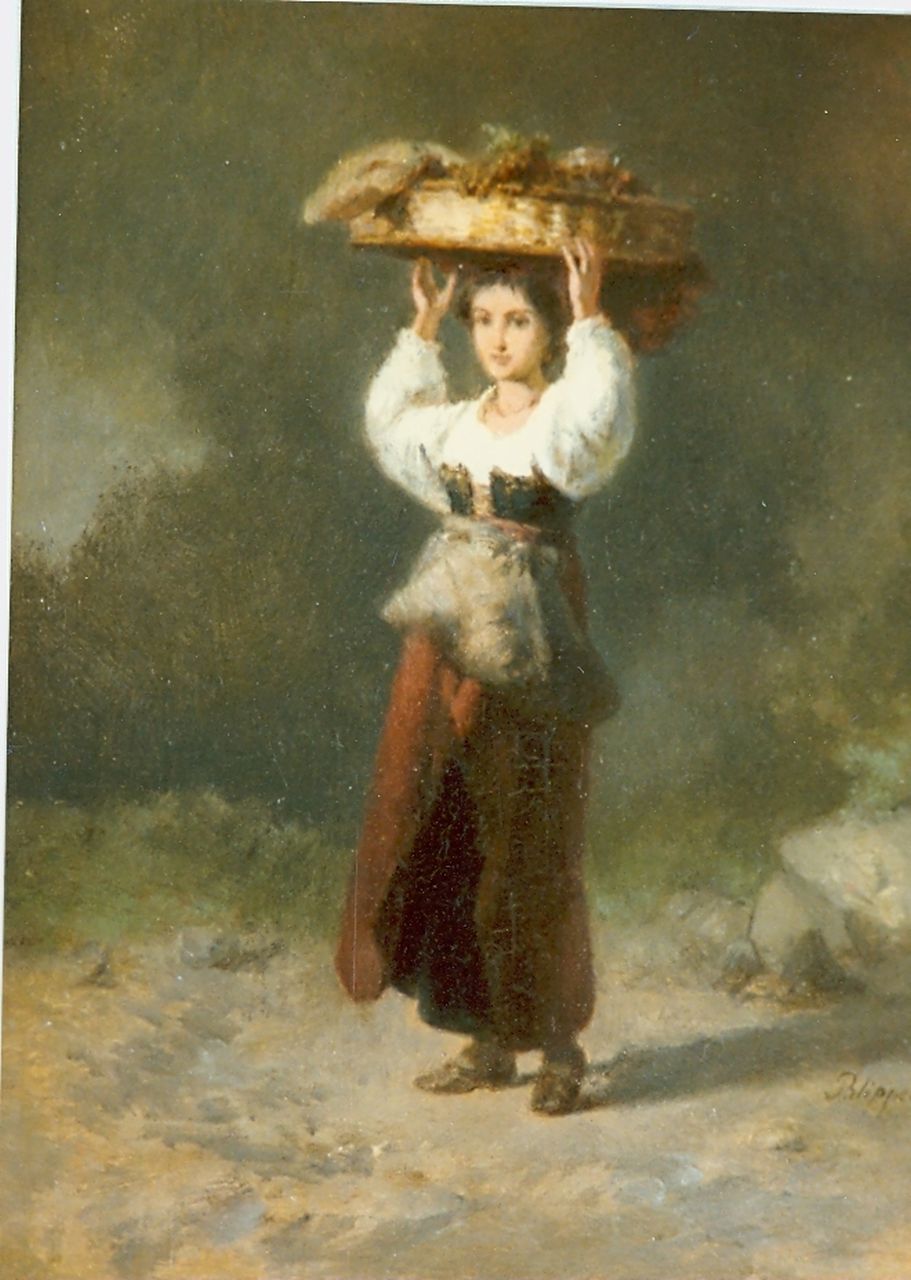 Philippeau K.F.  | Karel Frans 'C.F.' Philippeau, Jonge vrouw met fruitmand op haar hoofd, olieverf op paneel 22,2 x 17,0 cm, gesigneerd rechtsonder