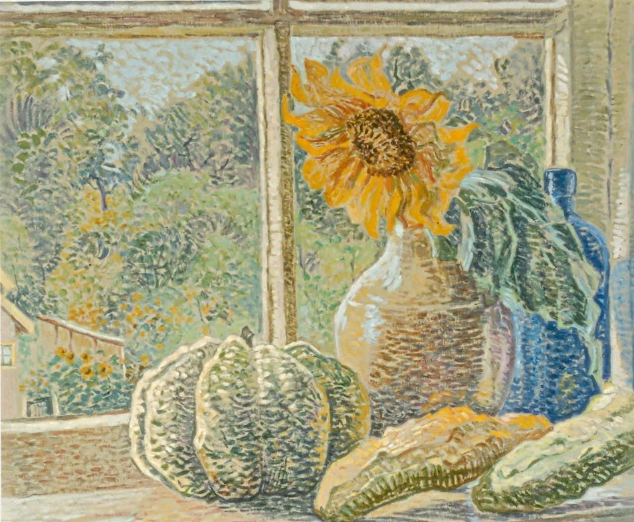 Pijpers E.E.  | 'Edith' Elizabeth Pijpers, Pompoen en vaas met zonnebloem voor een keukenraam, olieverf op papier 40,0 x 52,0 cm, gesigneerd rechtsonder