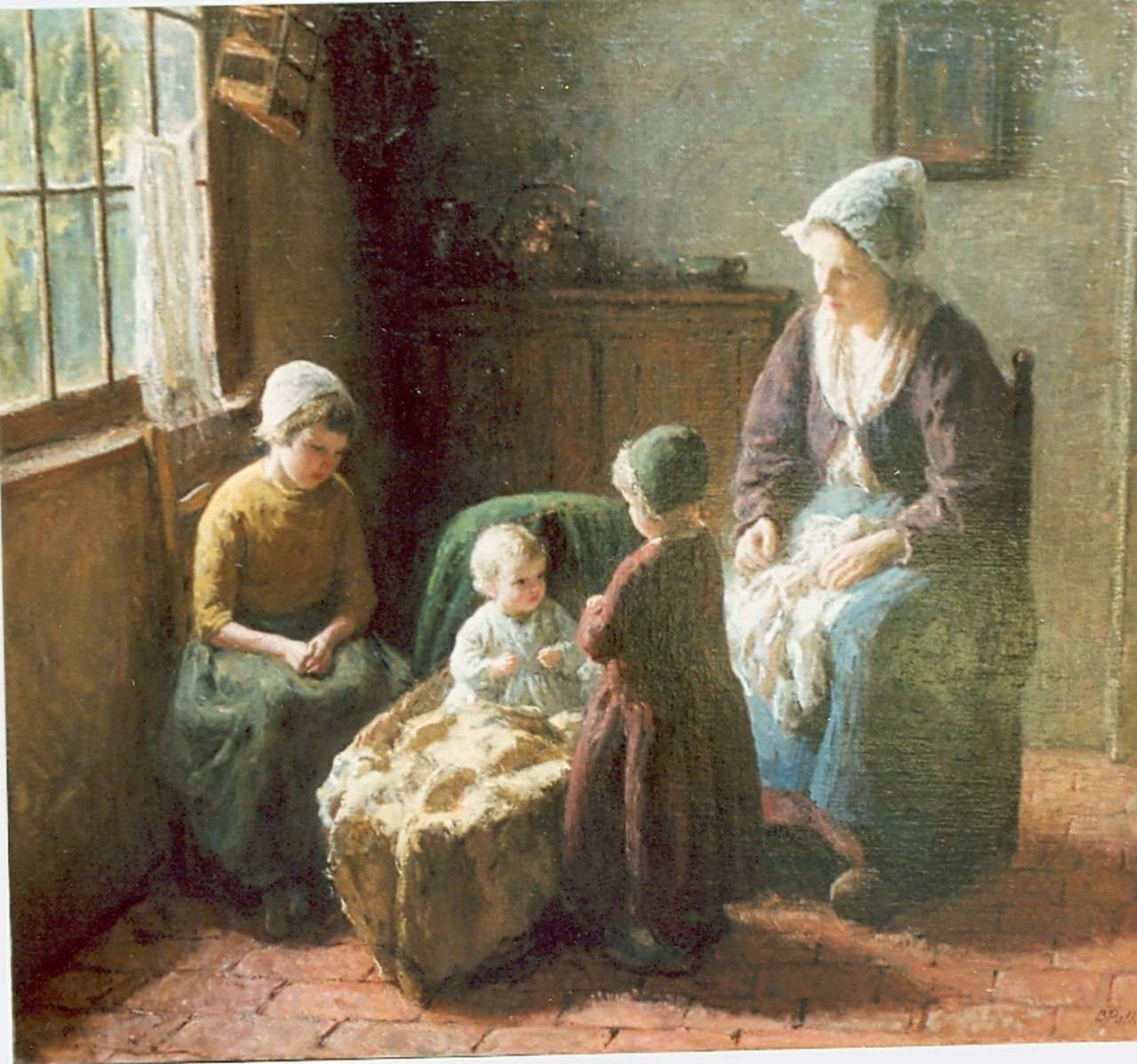 Pothast B.J.C.  | 'Bernard' Jean Corneille Pothast, Interieur met moeder en drie zusjes, olieverf op doek 71,0 x 81,5 cm, gesigneerd rechtsonder