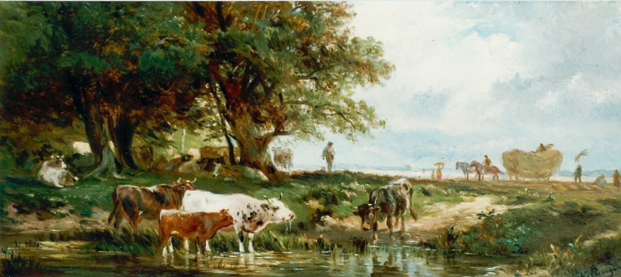 Prooijen A.J. van | Albert Jurardus van Prooijen, Boerenlandschap, olieverf op paneel 14,9 x 33,0 cm, gesigneerd rechtsonder