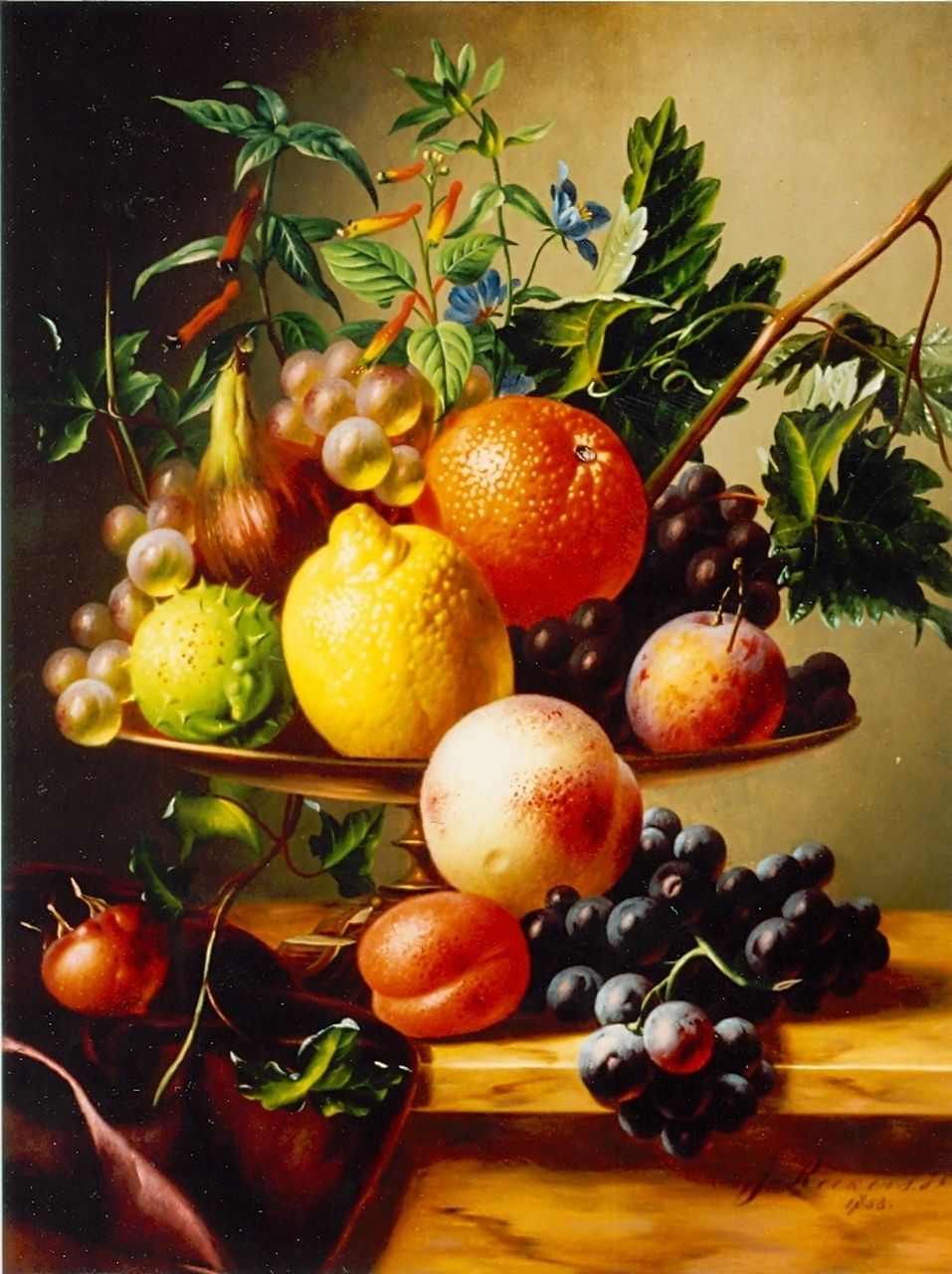 Reekers jr. Joh.  | Johannes Reekers jr., Vruchtenstilleven, olieverf op paneel 43,7 x 34,2 cm, gesigneerd rechtsonder en gedateerd 1853