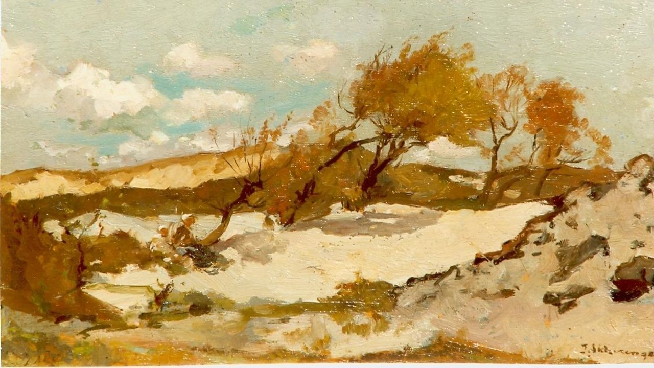 Akkeringa J.E.H.  | 'Johannes Evert' Hendrik Akkeringa, Achter de duinen, olieverf op doek 13,0 x 20,0 cm, gesigneerd rechtsonder