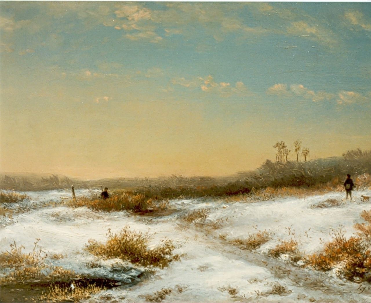 Kleijn L.J.  | Lodewijk Johannes Kleijn, Jagers in winterlandschap, olieverf op paneel 32,5 x 31,2 cm, gesigneerd rechtsonder