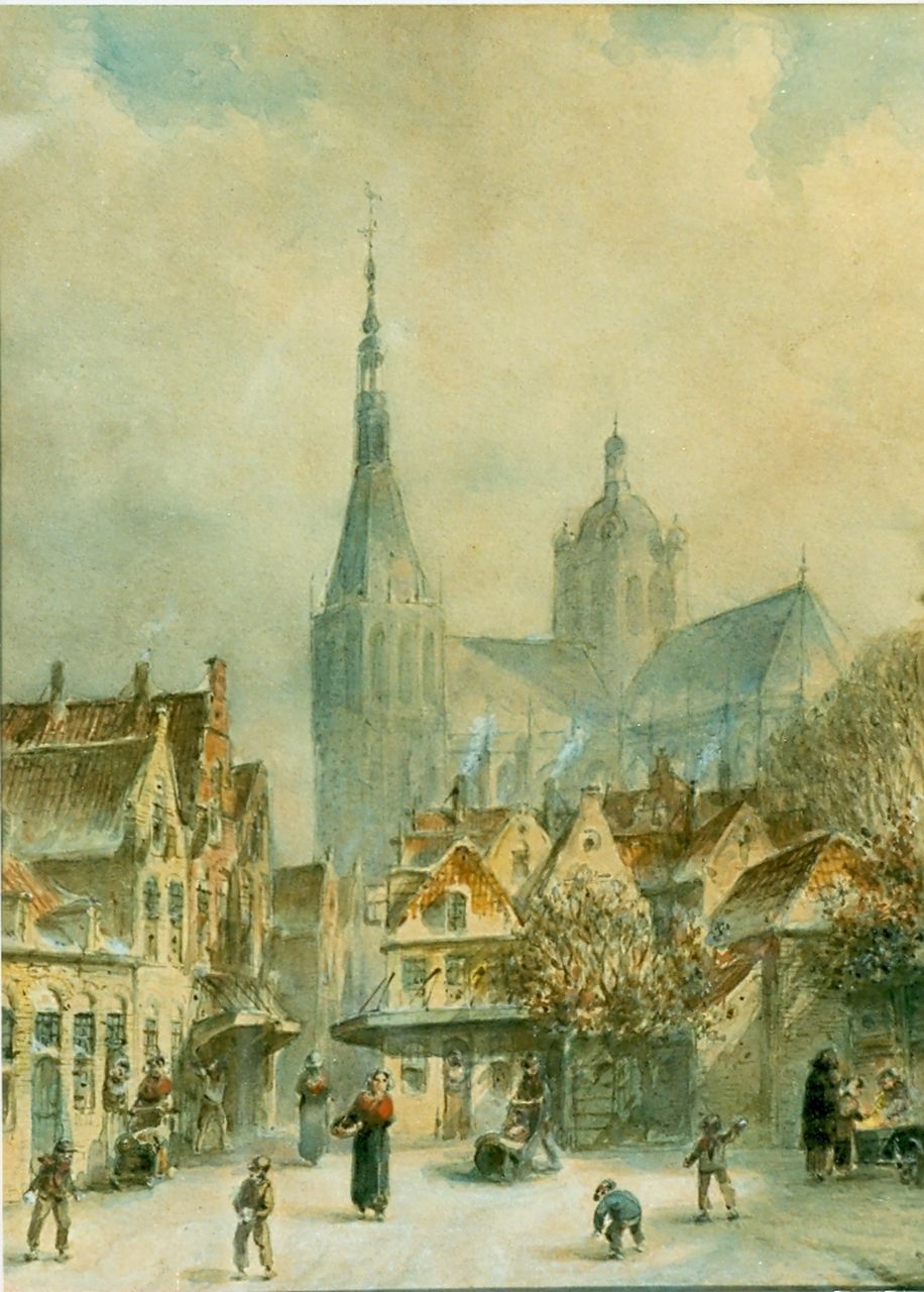 Vertin P.G.  | Petrus Gerardus Vertin, Besneeuwd stadsgezicht, aquarel op papier 29,0 x 23,0 cm, gesigneerd rechtsonder