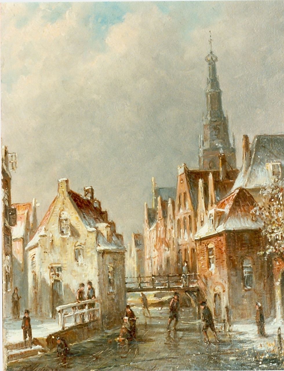 Vertin P.G.  | Petrus Gerardus Vertin, Stadsgracht met schaatsers, olieverf op paneel 24,0 x 19,4 cm, gesigneerd linksonder