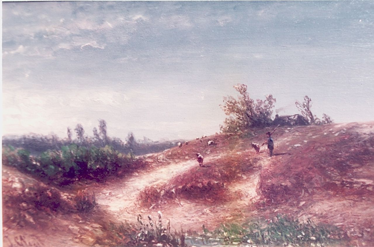 Vogel J.G.  | Johannes Gijsbert Vogel, Heidelandschap met schaapjes, olieverf op paneel 20,7 x 32,0 cm, gesigneerd linksonder