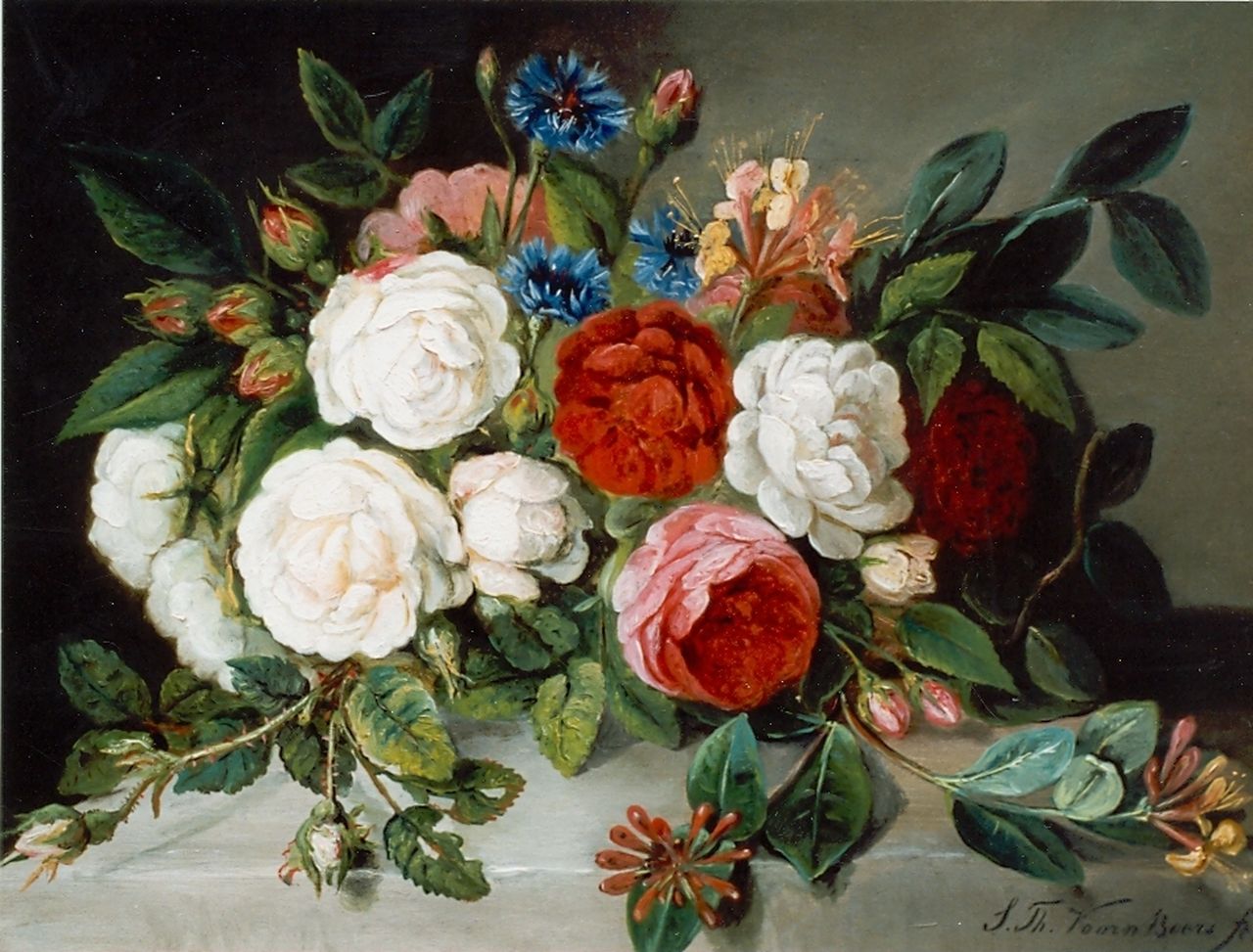 Voorn Boers S.T.  | Sebastiaan Theodorus Voorn Boers, Rozen en korenbloemen op een tafel, olieverf op doek 36,0 x 49,5 cm, gesigneerd rechtsonder