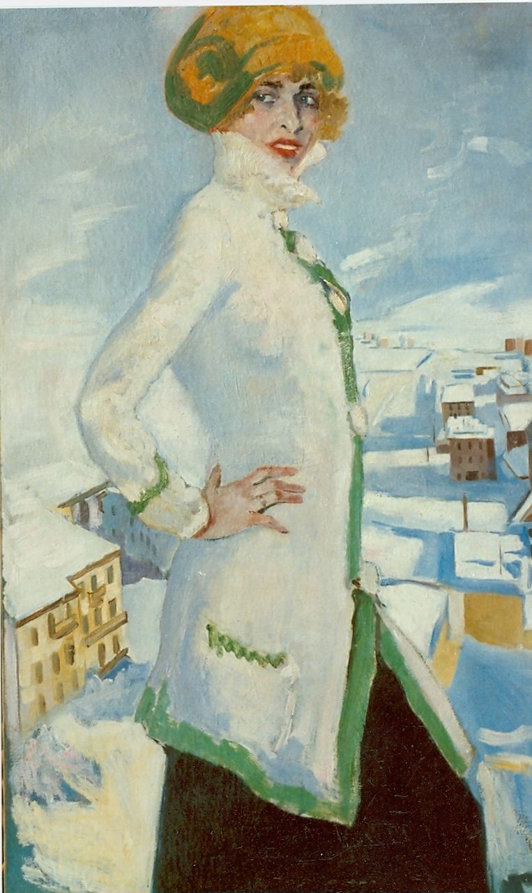 Hem P. van der | Pieter 'Piet' van der Hem, Portret van staande vrouw in een wintersportdorp, olieverf op doek 135,0 x 85,5 cm
