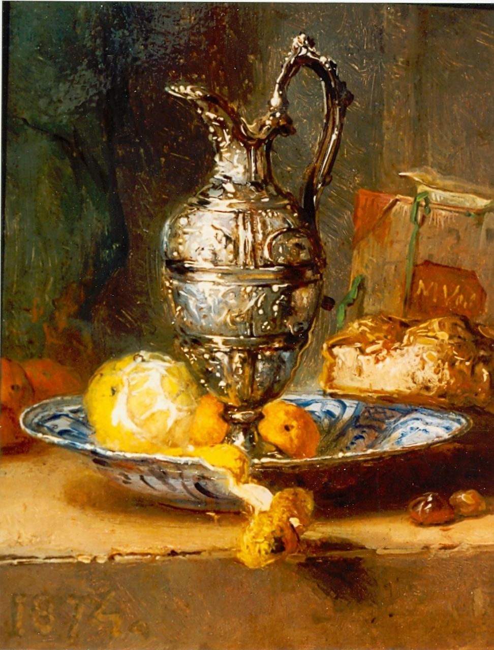 Vos M.  | Maria Vos, Stilleven met zilveren vaas, olieverf op paneel 14,0 x 11,5 cm, gesigneerd linksonder en gedateerd 1874
