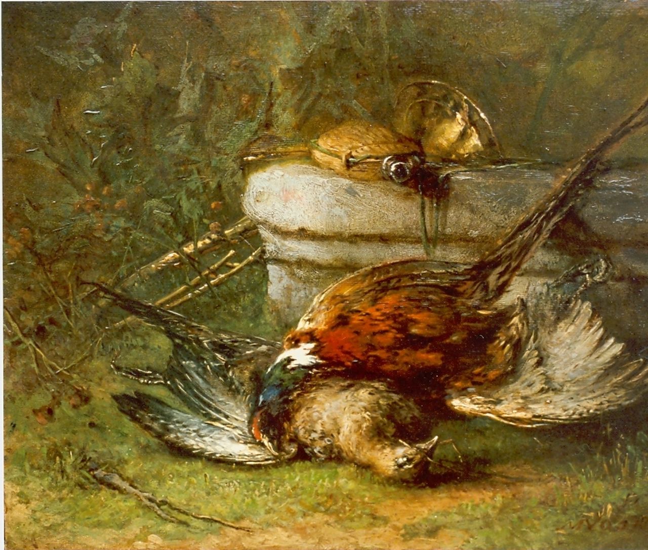 Vos M.  | Maria Vos, Jachtstilleven met fazant, olieverf op paneel 25,3 x 31,0 cm, gesigneerd rechtsonder en gedateerd 1892