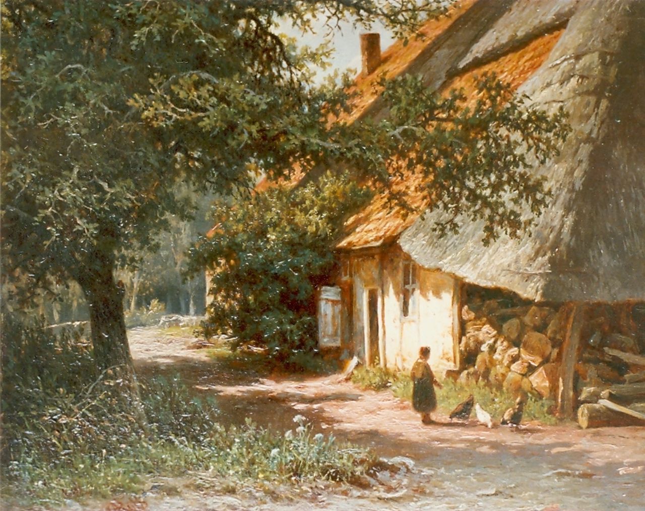 Roth G.A.  | George Andries Roth, Meisje voert kippen in beschaduwde tuin, olieverf op paneel 25,1 x 32,0 cm, gesigneerd linksonder
