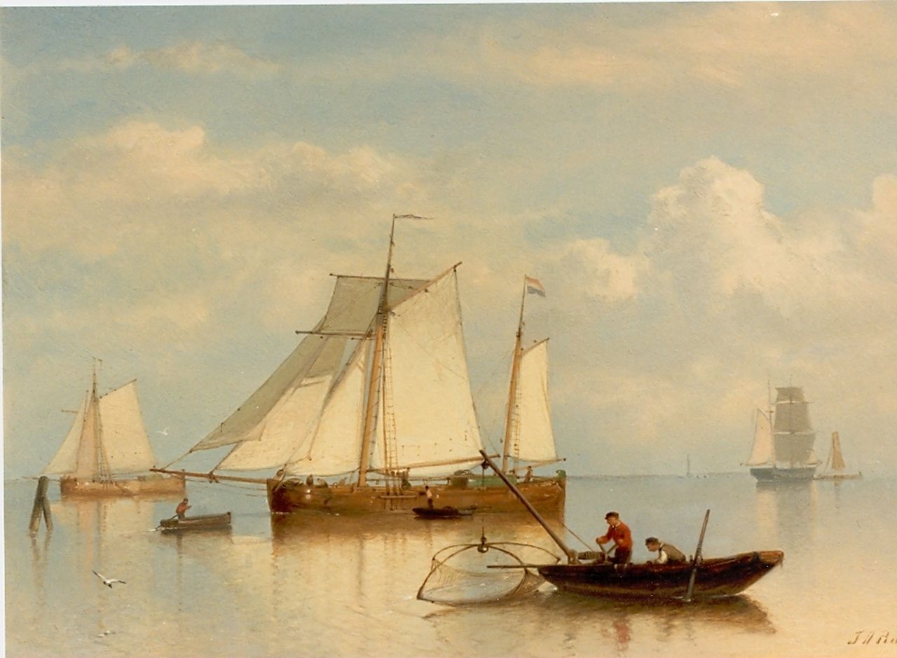 Rust J.A.  | Johan 'Adolph' Rust, Vissersboten op kalme zee, olieverf op paneel 25,9 x 35,8 cm, gesigneerd rechtsonder