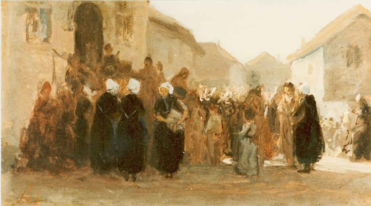 Sadée P.L.J.F.  | Philip Lodewijk Jacob Frederik Sadée, Groep mensen in dorpje, olieverf op paneel 21,0 x 38,0 cm, gesigneerd linksonder