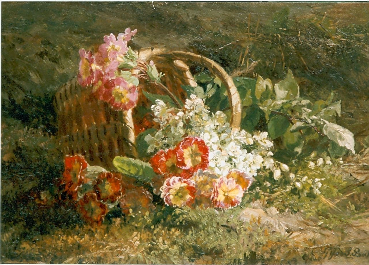Sande Bakhuyzen G.J. van de | 'Gerardine' Jacoba van de Sande Bakhuyzen, Het omgevallen bloemen mandje, olieverf op paneel 23,0 x 35,0 cm, gesigneerd rechtsonder