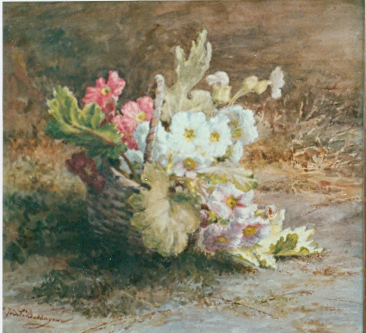 Sande Bakhuyzen G.J. van de | 'Gerardine' Jacoba van de Sande Bakhuyzen, Primula's in een mandje, aquarel op papier 44,5 x 37,3 cm, gesigneerd linksonder