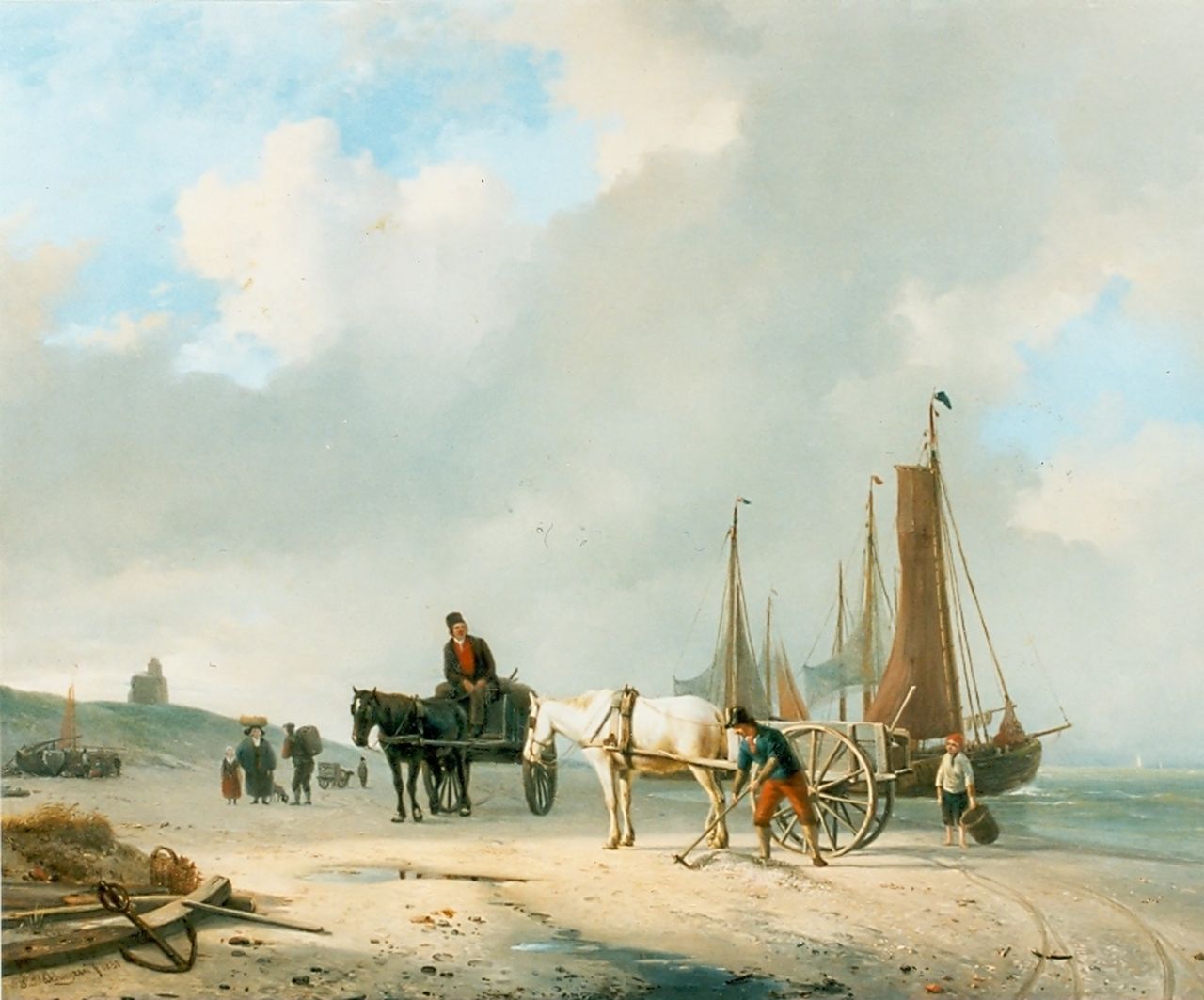 Sande Bakhuyzen H. van de | Hendrikus van de Sande Bakhuyzen, Schelpenvissers op het strand bij Oostende, olieverf op paneel 38,6 x 49,3 cm, gesigneerd linksonder en gedateerd 1831