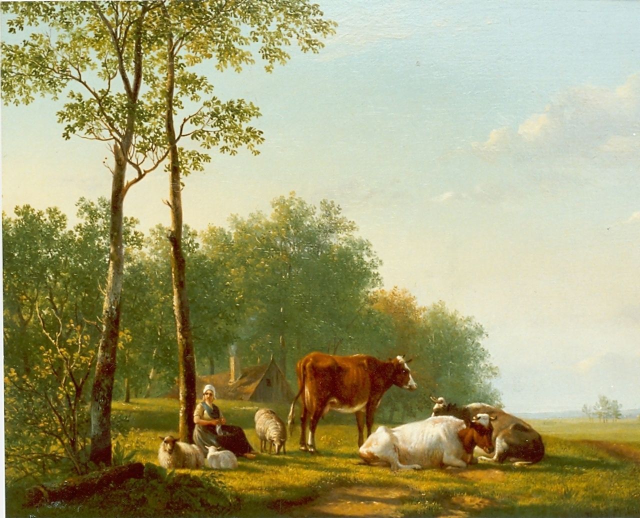 Sande Bakhuyzen H. van de | Hendrikus van de Sande Bakhuyzen, Landschap met boerin en vee, olieverf op paneel