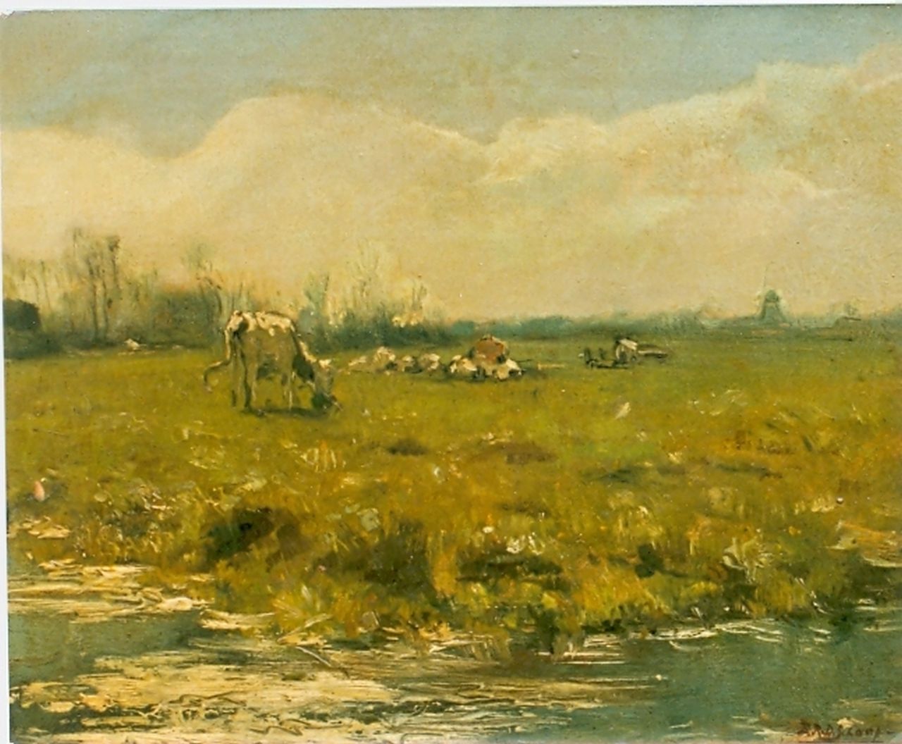 Schaap H.  | Hendrik Schaap, Koeien in een wei, olieverf op schildersboard 24,4 x 29,3 cm, gesigneerd rechtsonder