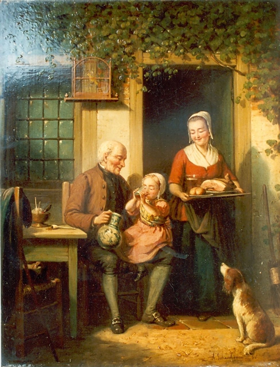 Scheerboom A.  | Andries Scheerboom, Een gelukkige familie, olieverf op paneel 39,0 x 30,5 cm, gesigneerd rechtsonder en gedateerd '63