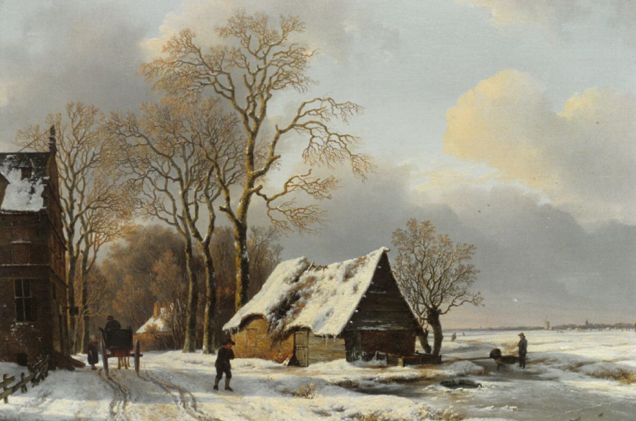 Schelfhout A.  | Andreas Schelfhout, Figuren in een winterlandschap met links huizen, olieverf op paneel 63,0 x 79,0 cm
