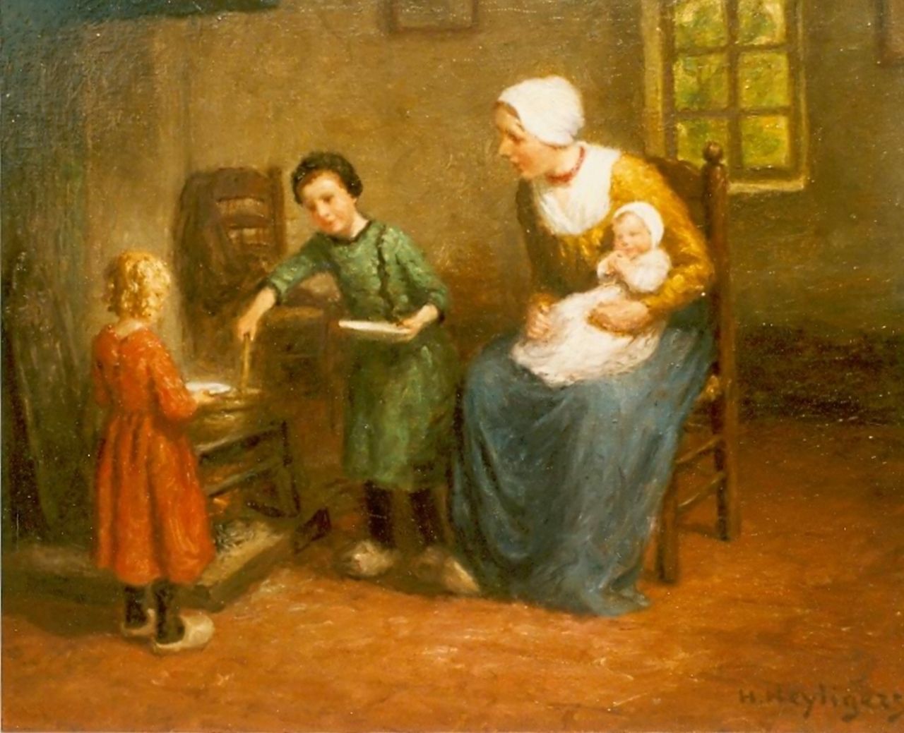 Heijligers H.  | Hendrik 'Henri' Heijligers, Interieur met moeder en kind, olieverf op doek 45,5 x 54,5 cm, gesigneerd rechtsonder