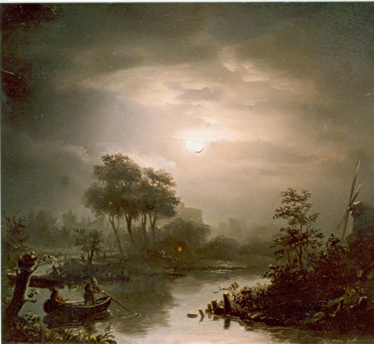 Schendel P. van | Petrus van Schendel, Maanlandschapje met vissers, olieverf op paneel 19,2 x 22,4 cm, gesigneerd rechtsonder