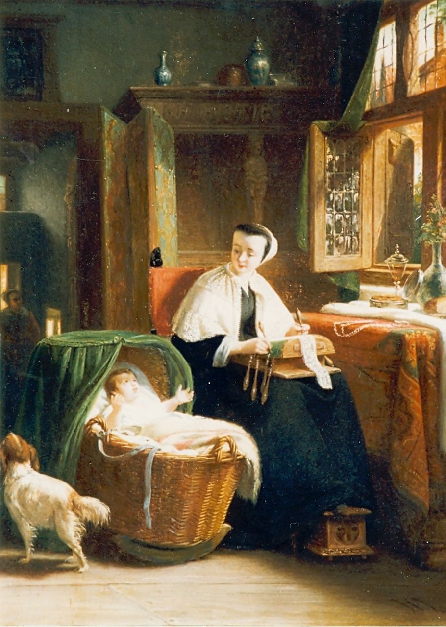 Vaarberg J.C.  | Joannes Christoffel Vaarberg, Interieur van klantklossende vrouw en haar baby, olieverf op paneel 35,5 x 28,0 cm, gesigneerd rechtsonder en gedateerd '60