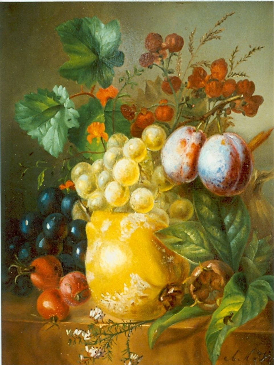 Veeren A.M. van | Anna Maria van Veeren, Fruitstilleven, olieverf op paneel 30,0 x 23,3 cm, gesigneerd rechtsonder en gedateerd '47