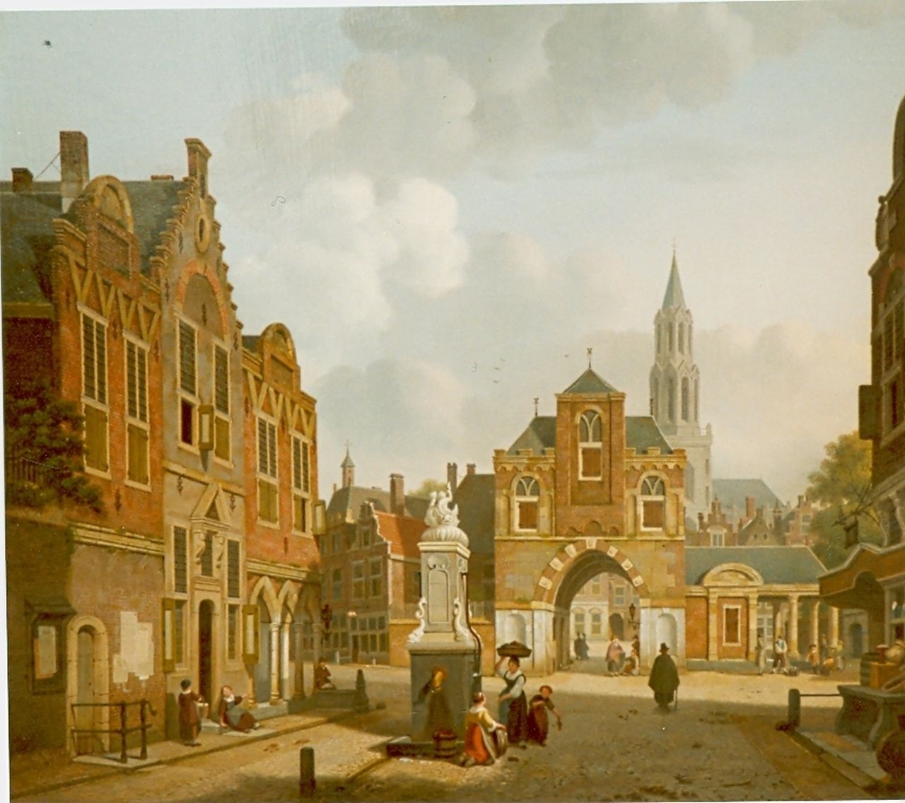 Verheijen J.H.  | Jan Hendrik Verheijen, Gezicht op stadspomp op het plein, olieverf op paneel 43,3 x 49,2 cm, gesigneerd rechtsonder