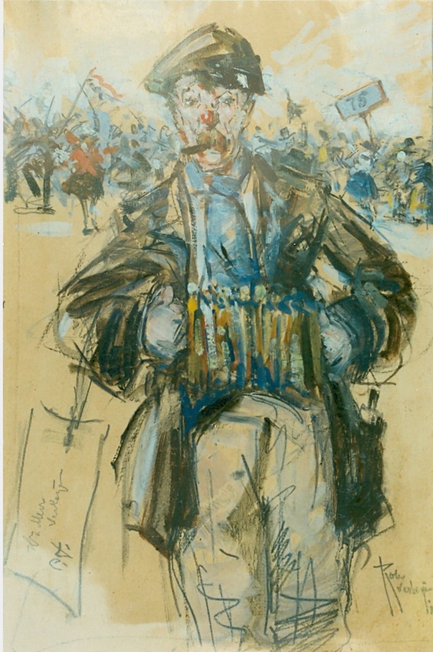 Robert Verheijen | De straatmuzikant, pastel en krijt op papier, 31,0 x 19,0 cm, gesigneerd r.o.