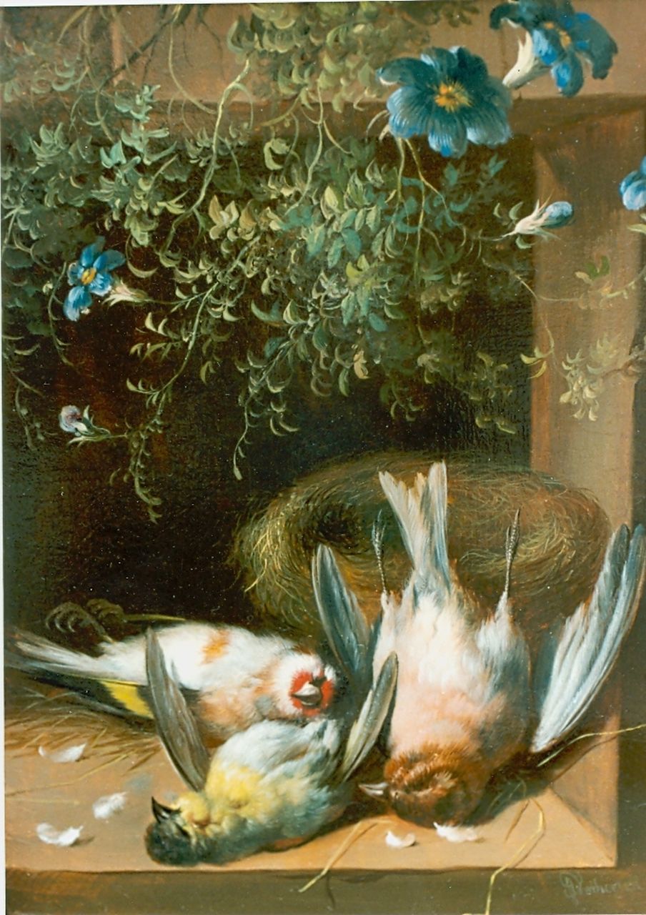 Verhoesen A.  | Albertus Verhoesen, Stilleven van zangvogeltje, nestje en bloemen, olieverf op paneel 27,0 x 20,2 cm, gesigneerd rechtsonder