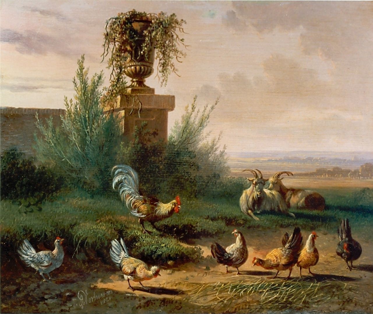 Verhoesen A.  | Albertus Verhoesen, Kippen en bokken in de weide, olieverf op paneel 18,0 x 22,1 cm, gesigneerd linksonder en gedateerd 1861