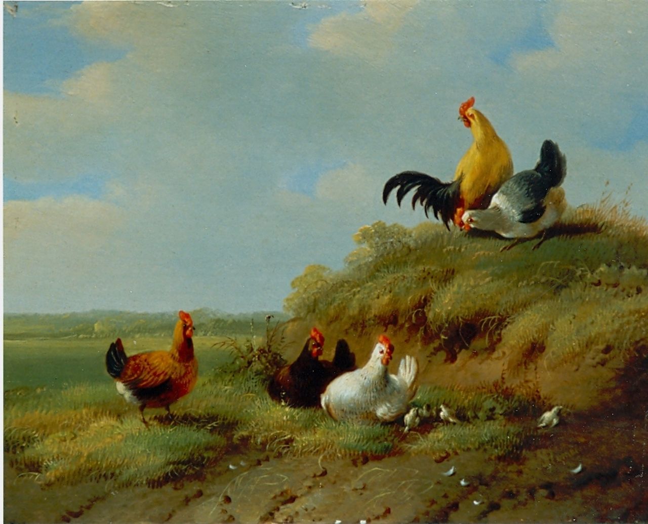Verhoesen A.  | Albertus Verhoesen, Kippen, kuikens en hanen, olieverf op paneel 14,0 x 13,6 cm, gesigneerd rechtsonder