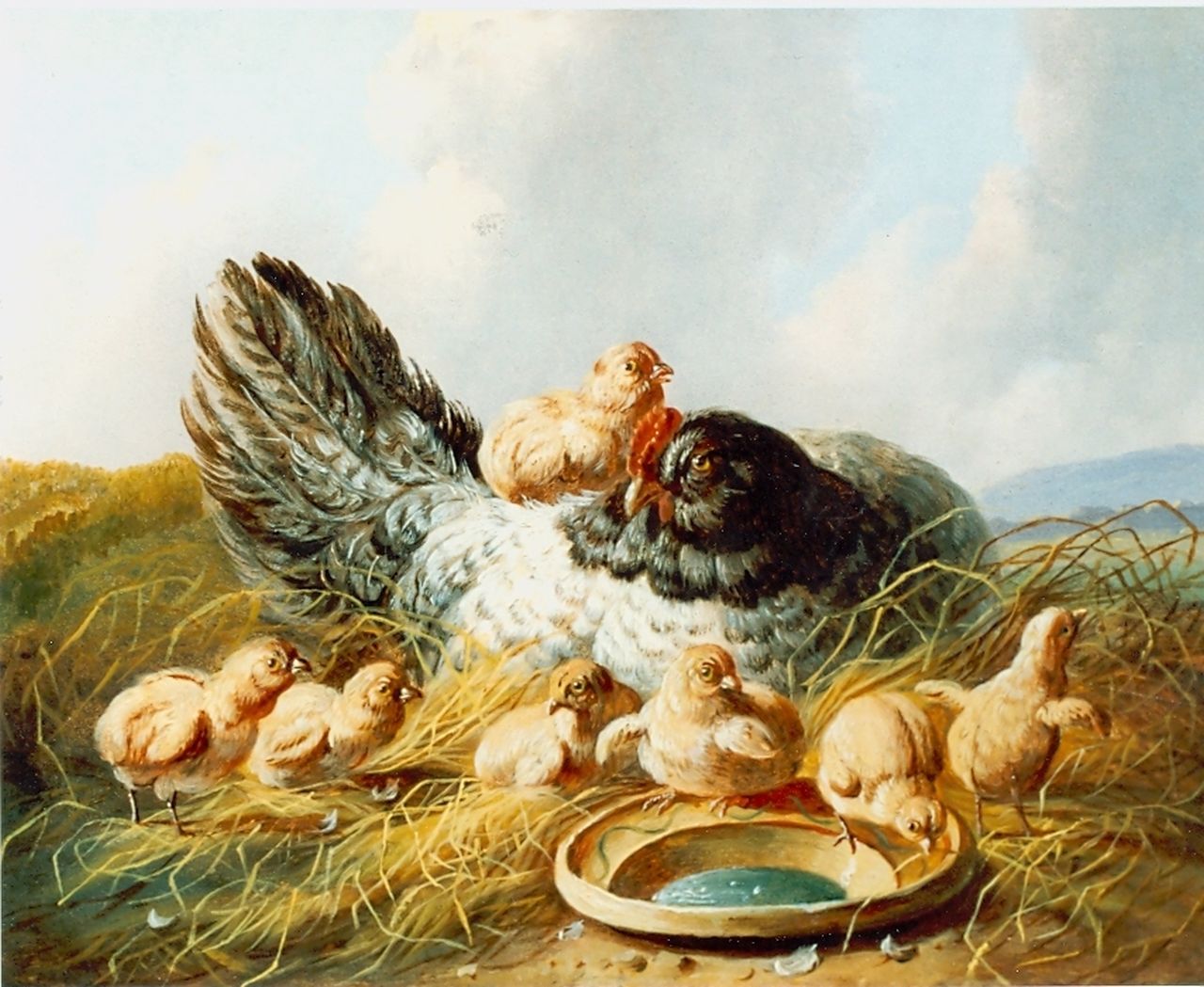 Verhoesen A.  | Albertus Verhoesen, Hen en zeven kuikens, olieverf op paneel 15,0 x 19,0 cm, gesigneerd linksonder