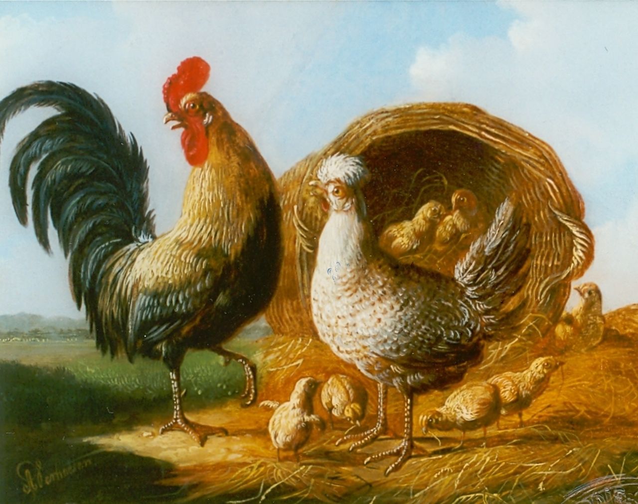 Verhoesen A.  | Albertus Verhoesen, Haan, kip en kuikens, olieverf op paneel 13,5 x 17,5 cm, gesigneerd linksonder