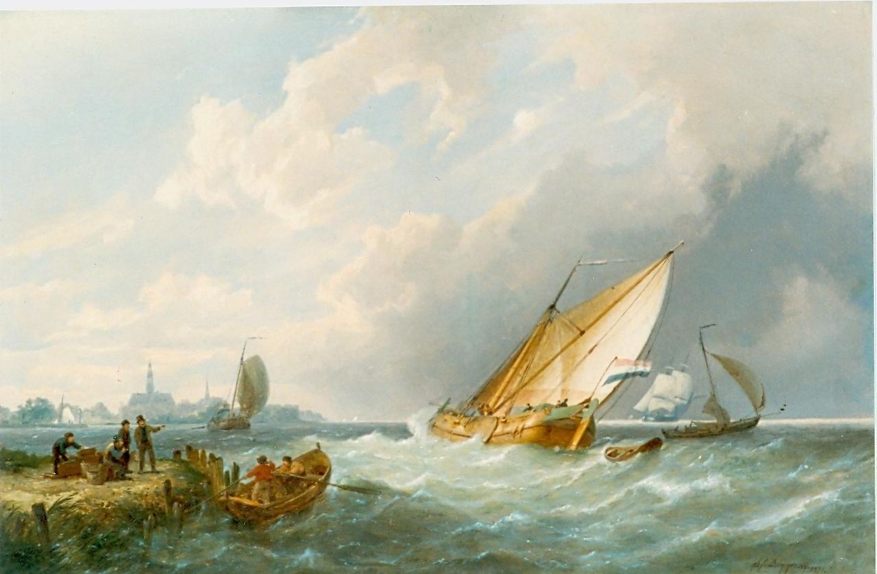 Dommershuijzen P.C.  | Pieter Cornelis Dommershuijzen, Zeilboten langs de Hollandse kust, olieverf op paneel 40,8 x 61,0 cm, gesigneerd rechtsonder en gedateerd 1871