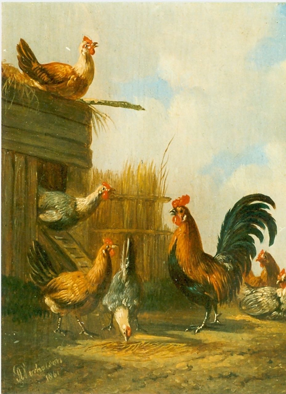 Verhoesen A.  | Albertus Verhoesen, Kippen en haan bij een kippenhok, olieverf op paneel 12,7 x 10,4 cm, gesigneerd linksonder