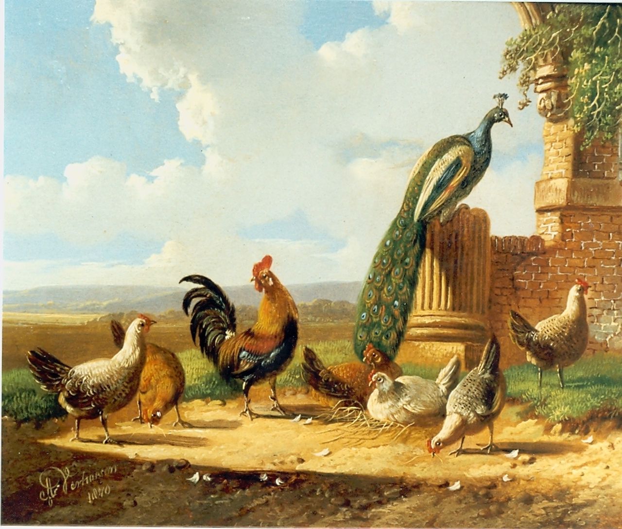 Verhoesen A.  | Albertus Verhoesen, Kippen en pauw op erf, olieverf op doek 13,6 x 17,0 cm, gesigneerd linksonder