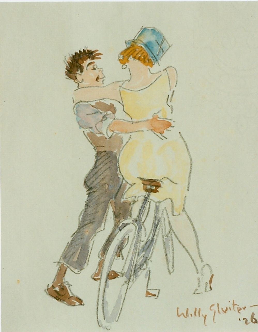 Sluiter J.W.  | Jan Willem 'Willy' Sluiter, Leren fietsen, aquarel op papier 19,0 x 16,5 cm, gesigneerd rechtsonder en gedateerd '26