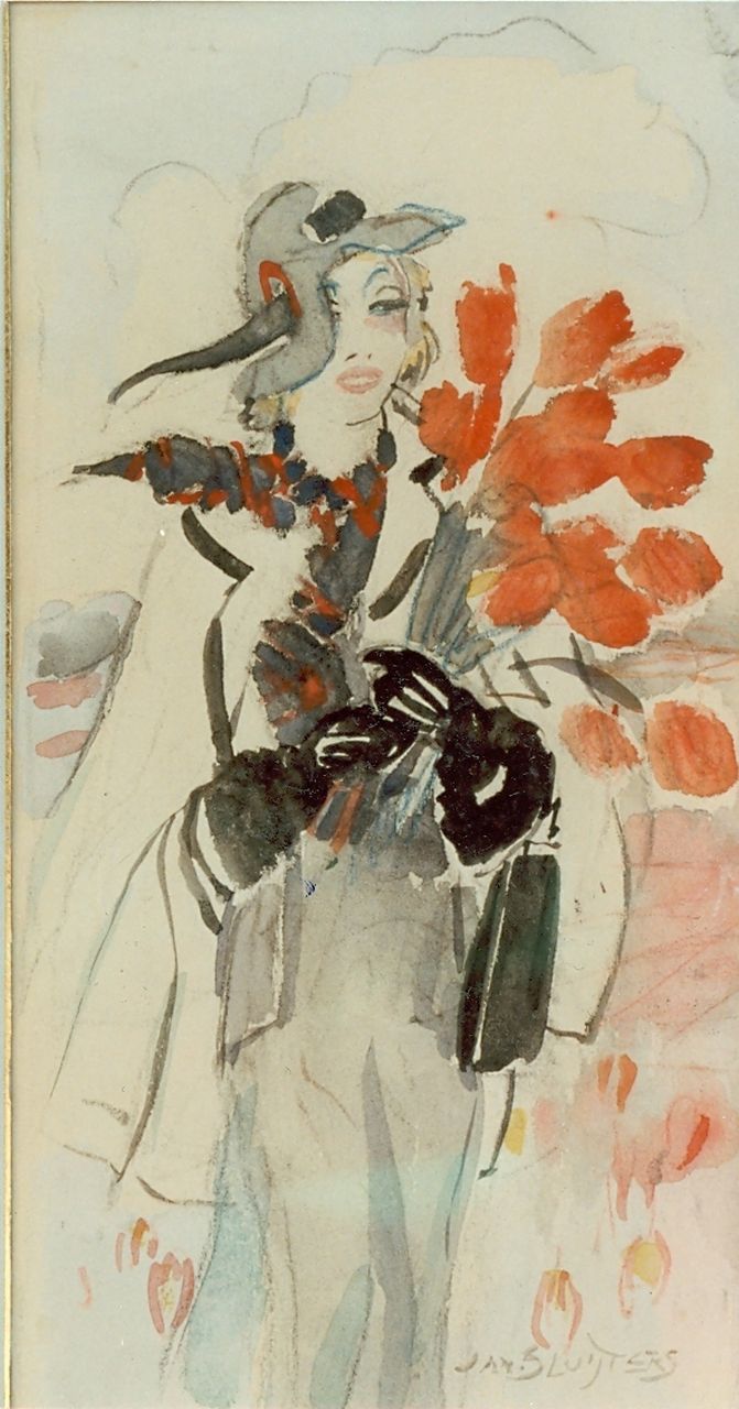 Sluijter J.J.H.  | Johanna Jozina Helena 'Anna' Sluijter, Elegante vrouw met bos rode tulpen, aquarel op board 24,5 x 14,0 cm, gesigneerd rechtsonder