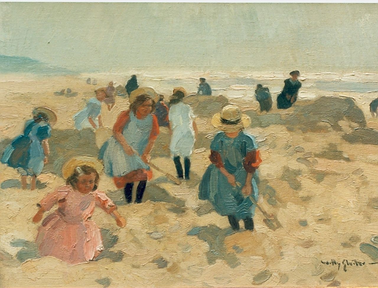 Sluiter J.W.  | Jan Willem 'Willy' Sluiter, Spelende kinderen op het strand, olieverf op doek 26,5 x 36,3 cm, gesigneerd rechtsonder