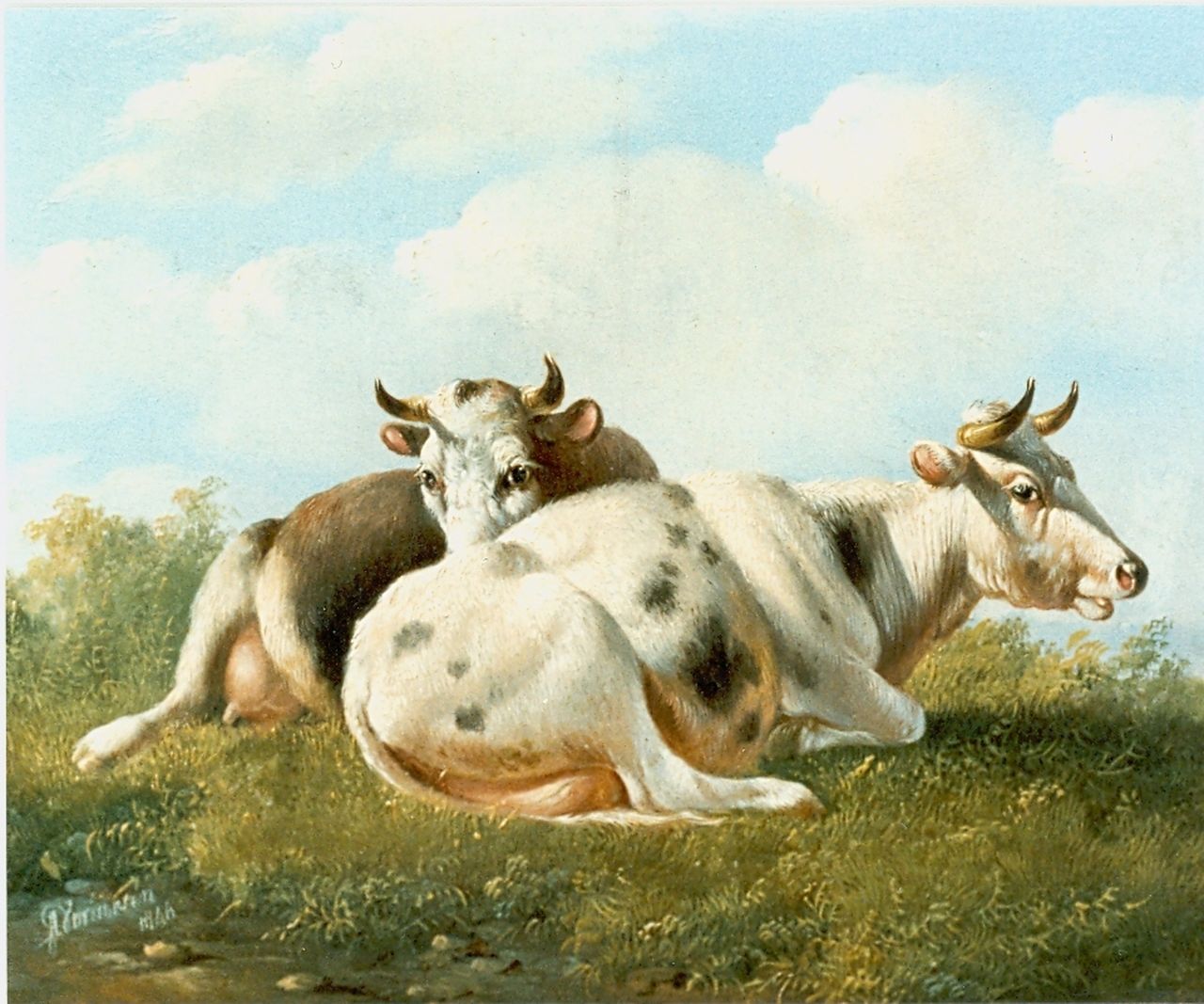 Verhoesen A.  | Albertus Verhoesen, Liggende koeien in de weide, olieverf op paneel 14,5 x 16,5 cm, gesigneerd linksonder en gedateerd 1846