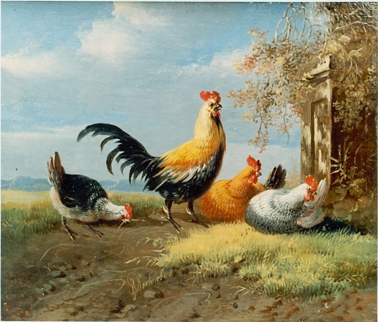 Verhoesen A.  | Albertus Verhoesen, Nieuwsgierige kippen, olieverf op paneel 11,3 x 13,2 cm, gesigneerd linksonder