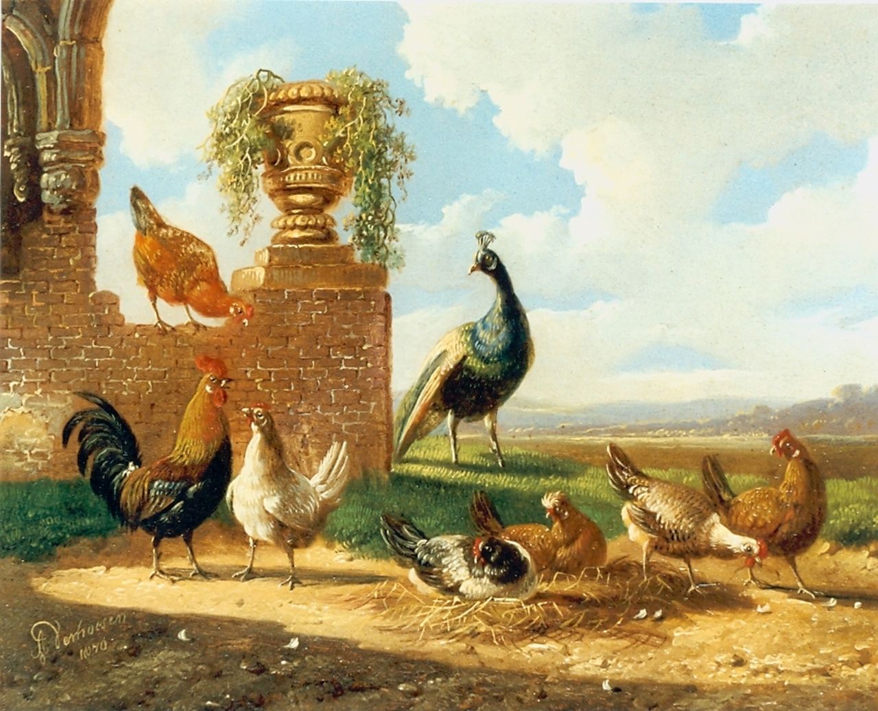 Verhoesen A.  | Albertus Verhoesen, Kippen en pauw op het erf, olieverf op paneel 13,5 x 17,2 cm, gesigneerd linksonder en gedateerd 1870