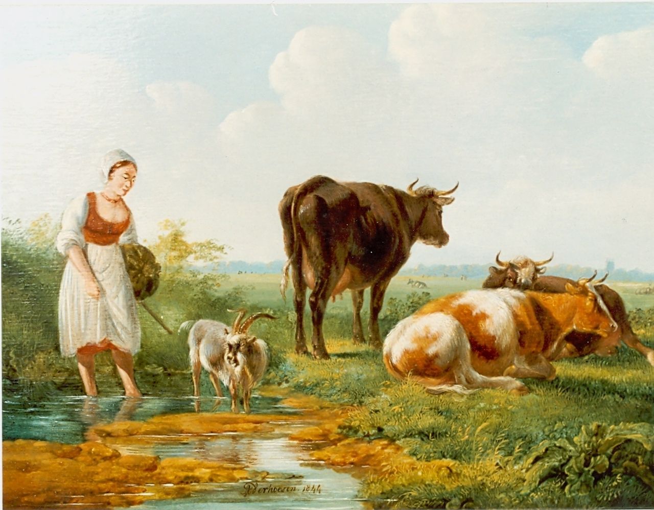 Verhoesen A.  | Albertus Verhoesen, Herderin met koeien en geitje bij een plas, olieverf op paneel 22,0 x 27,0 cm, gesigneerd middenonder
